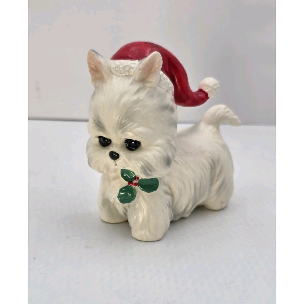 VTG Lefton Westie Dog Figurine Christmas Santa Hat Holly Terrier 3.5"